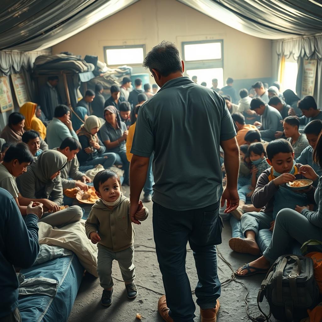 A heartwarming scene depicting a father and son entering a temporary community shelter filled with people gathered due to the volcanic eruption