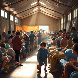 A heartwarming scene depicting a father and son entering a temporary community shelter filled with people gathered due to the volcanic eruption
