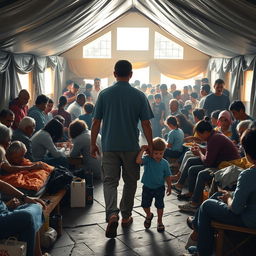 A heartwarming scene depicting a father and son entering a temporary community shelter filled with people gathered due to the volcanic eruption