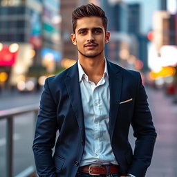 A confident young man posing outdoors, stylishly dressed in a fitted navy blazer, white shirt, and dark jeans