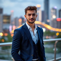 A confident young man posing outdoors, stylishly dressed in a fitted navy blazer, white shirt, and dark jeans