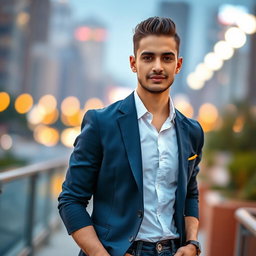 A confident young man posing outdoors, stylishly dressed in a fitted navy blazer, white shirt, and dark jeans