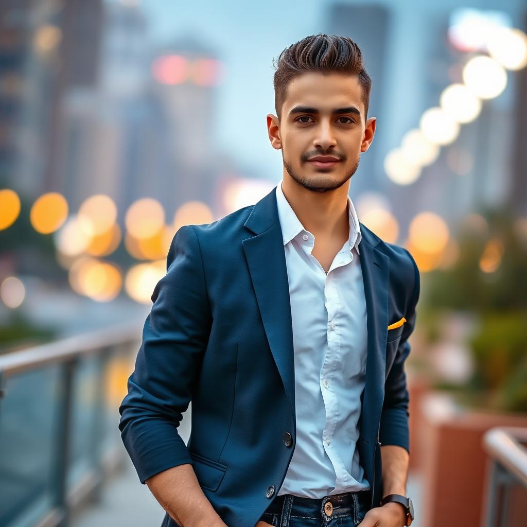A confident young man posing outdoors, stylishly dressed in a fitted navy blazer, white shirt, and dark jeans