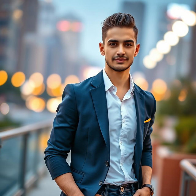 A confident young man posing outdoors, stylishly dressed in a fitted navy blazer, white shirt, and dark jeans
