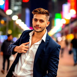 A confident young man posing outdoors, stylishly dressed in a fitted navy blazer, white shirt, and dark jeans