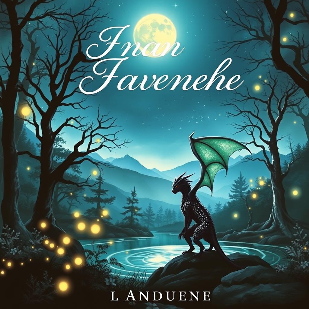 A captivating book cover featuring a mystical forest bathed in soft moonlight, with ancient trees and glowing fireflies floating through the air