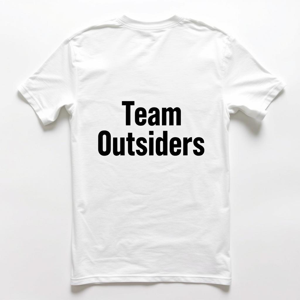 A simple yet stylish white t-shirt featuring the text 'Team Outsiders' printed prominently on the back