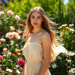 A beautiful woman standing in a sunlit garden, surrounded by vibrant flowers and lush greenery