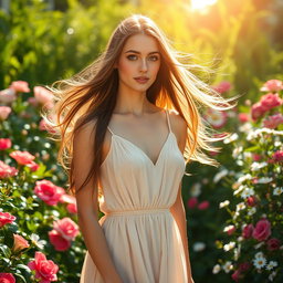 A beautiful woman standing in a sunlit garden, surrounded by vibrant flowers and lush greenery