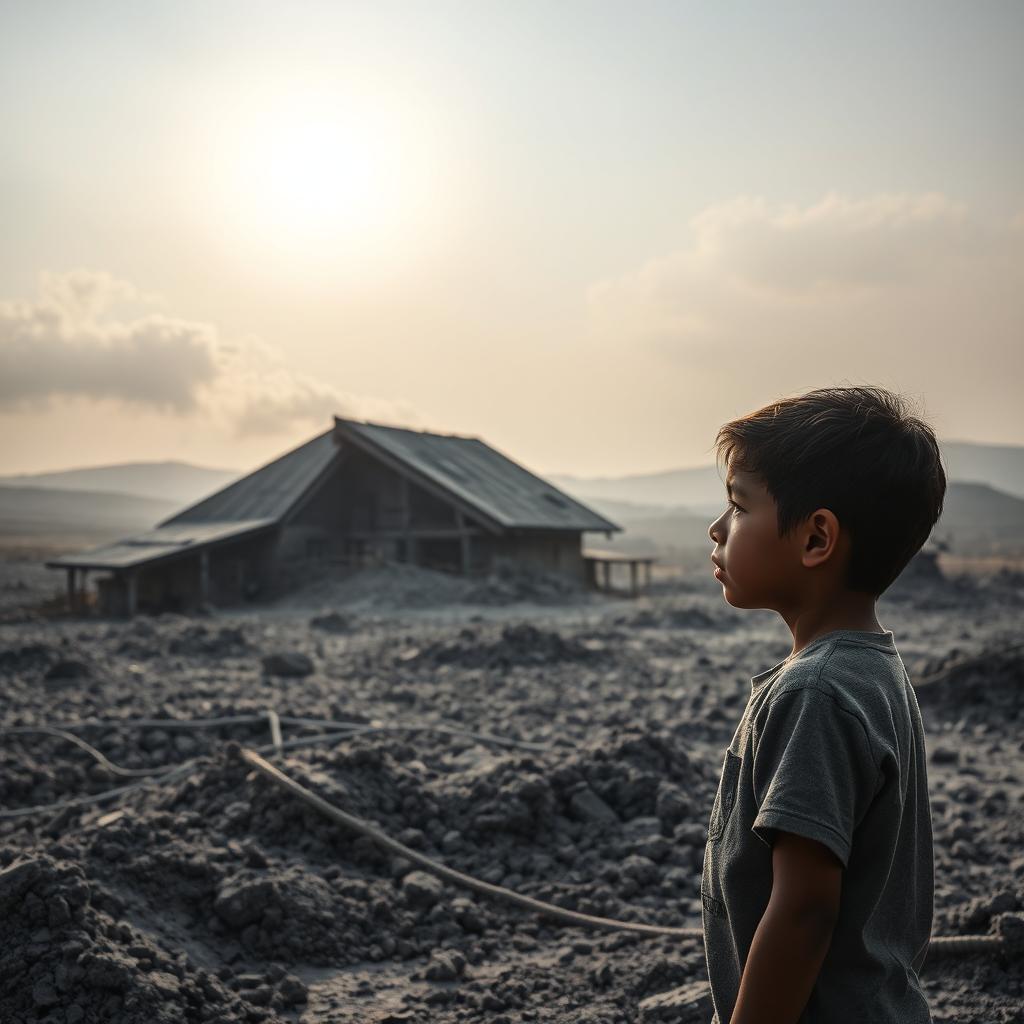 A poignant scene showing a young boy standing in front of his family's home, which is heavily covered in volcanic ash after the eruption
