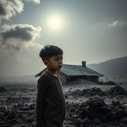 A poignant scene showing a young boy standing in front of his family's home, which is heavily covered in volcanic ash after the eruption