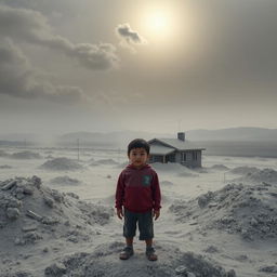 A poignant scene showing a young boy standing in front of his family's home, which is heavily covered in volcanic ash after the eruption