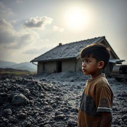 A poignant scene showing a young boy standing in front of his family's home, which is heavily covered in volcanic ash after the eruption