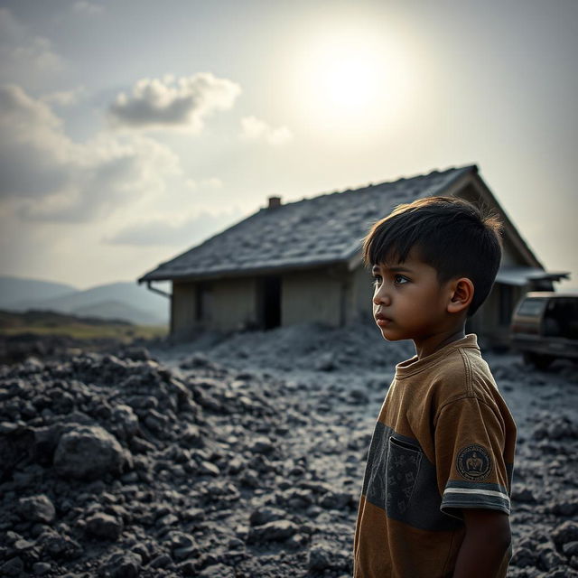 A poignant scene showing a young boy standing in front of his family's home, which is heavily covered in volcanic ash after the eruption