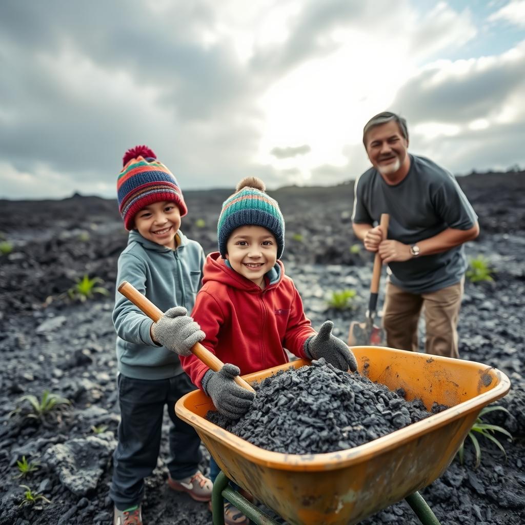 A touching scene of a young boy helping his father clear volcanic ash from their property after the eruption