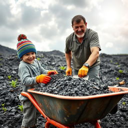 A touching scene of a young boy helping his father clear volcanic ash from their property after the eruption