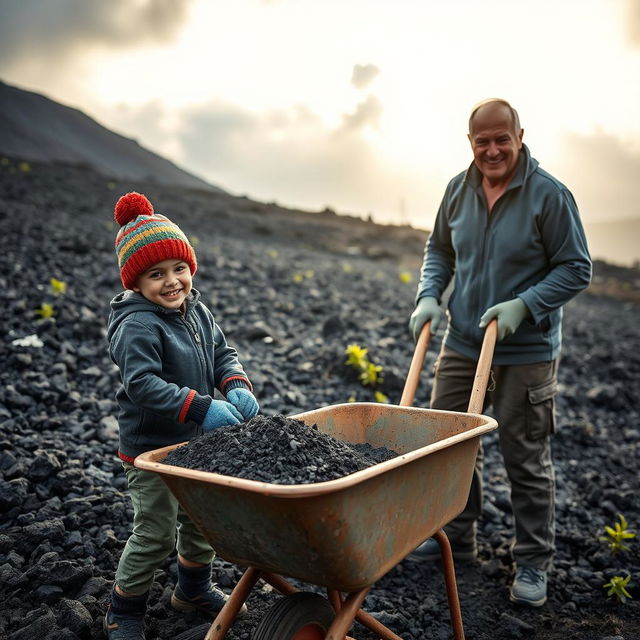 A touching scene of a young boy helping his father clear volcanic ash from their property after the eruption