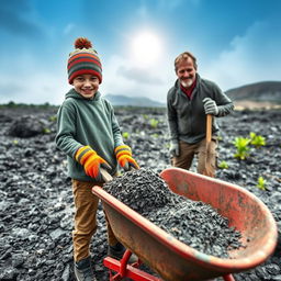 A touching scene of a young boy helping his father clear volcanic ash from their property after the eruption