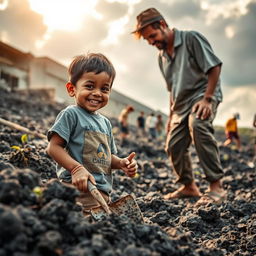 An inspiring scene of a young boy learning the values of bravery and helpfulness in the aftermath of a volcanic eruption