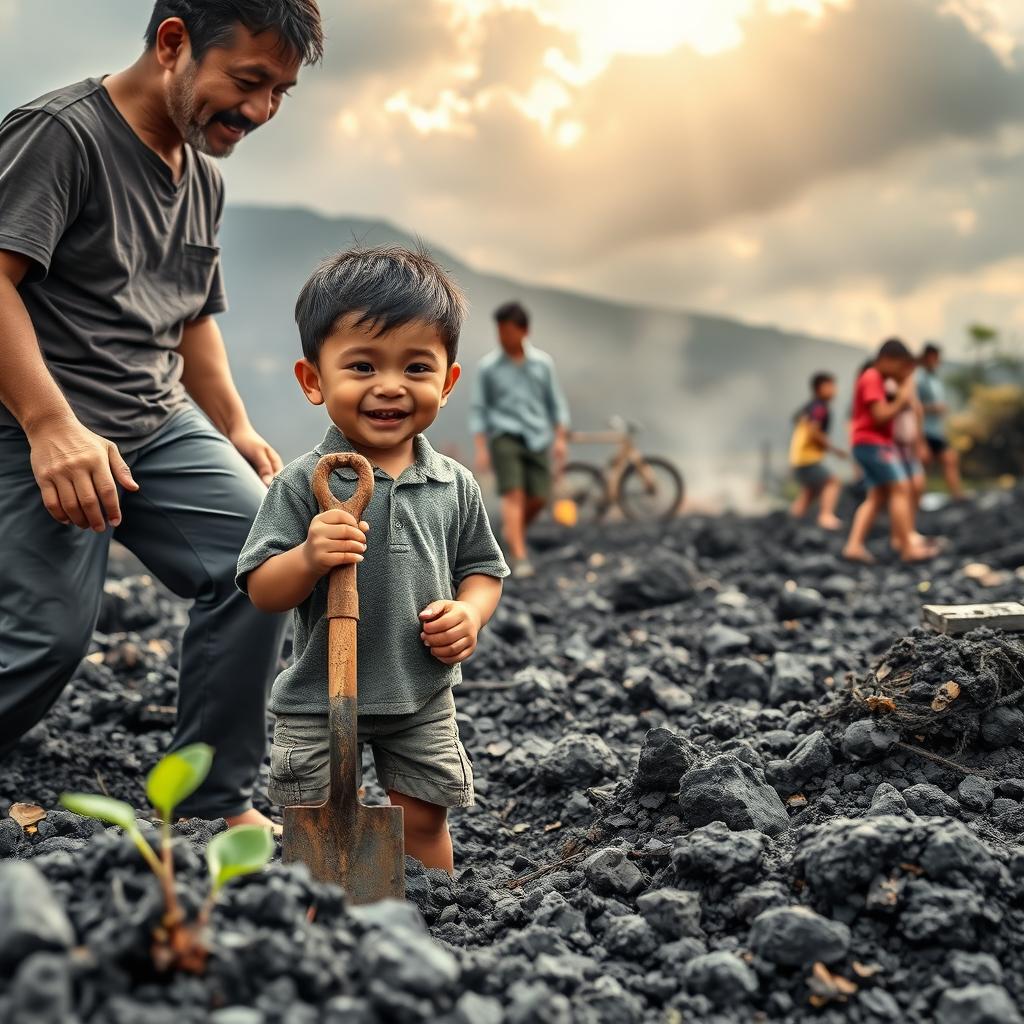 An inspiring scene of a young boy learning the values of bravery and helpfulness in the aftermath of a volcanic eruption