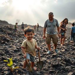 An inspiring scene of a young boy learning the values of bravery and helpfulness in the aftermath of a volcanic eruption