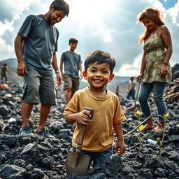An inspiring scene of a young boy learning the values of bravery and helpfulness in the aftermath of a volcanic eruption