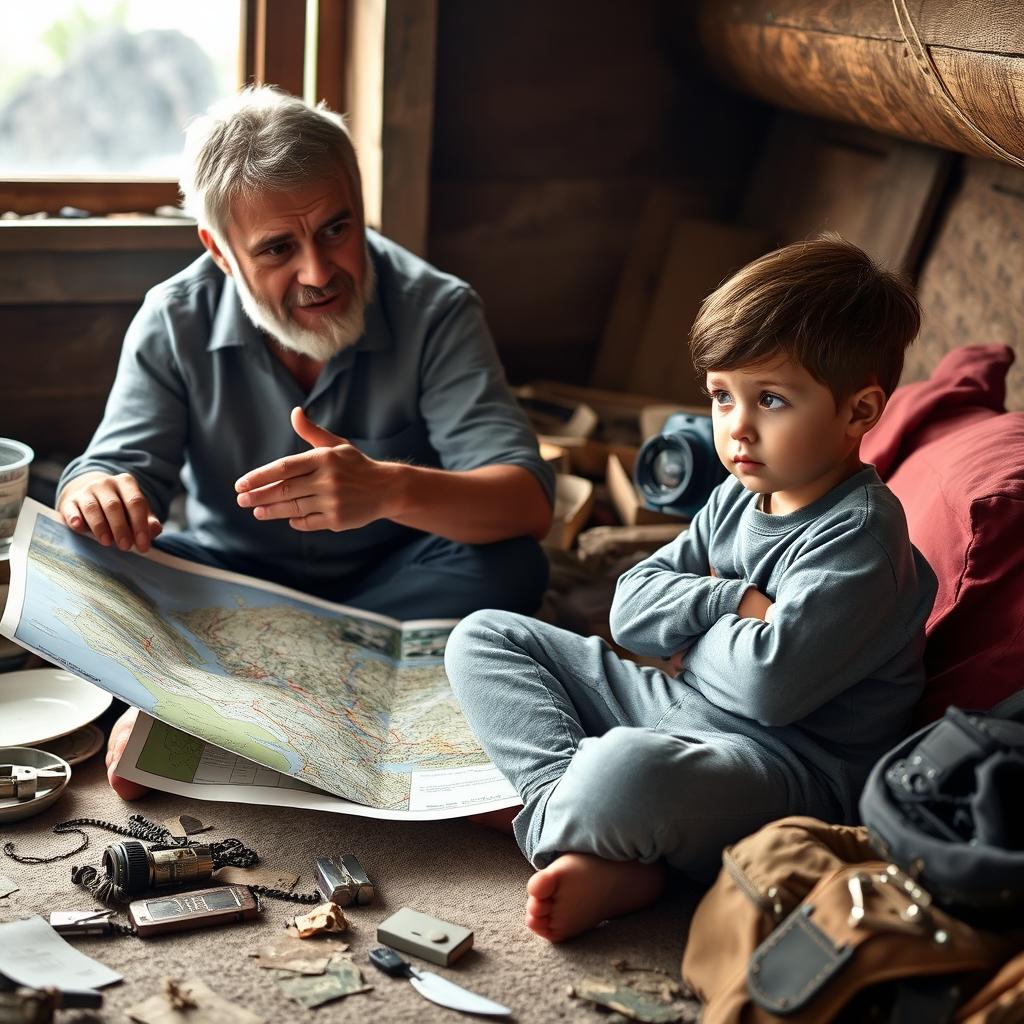 A contemplative scene featuring a young boy listening intently as his father shares stories about the damage caused by the recent volcanic eruption in their special place