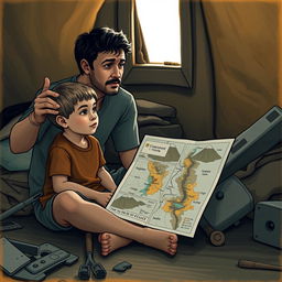 A contemplative scene featuring a young boy listening intently as his father shares stories about the damage caused by the recent volcanic eruption in their special place
