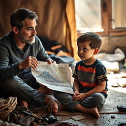 A contemplative scene featuring a young boy listening intently as his father shares stories about the damage caused by the recent volcanic eruption in their special place