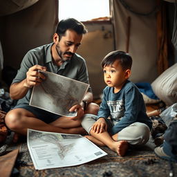 A contemplative scene featuring a young boy listening intently as his father shares stories about the damage caused by the recent volcanic eruption in their special place