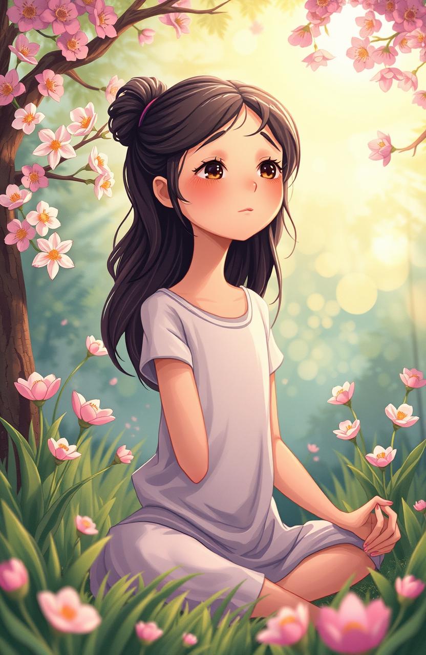 A story illustration depicting a thoughtful girl in a serene, vibrant environment, symbolizing her journey of self-discovery while battling a disease