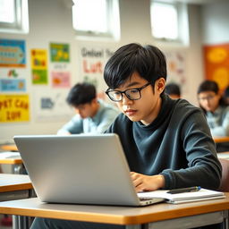 A focused student sitting at a desk in a well-lit classroom, studying intently on a sleek laptop