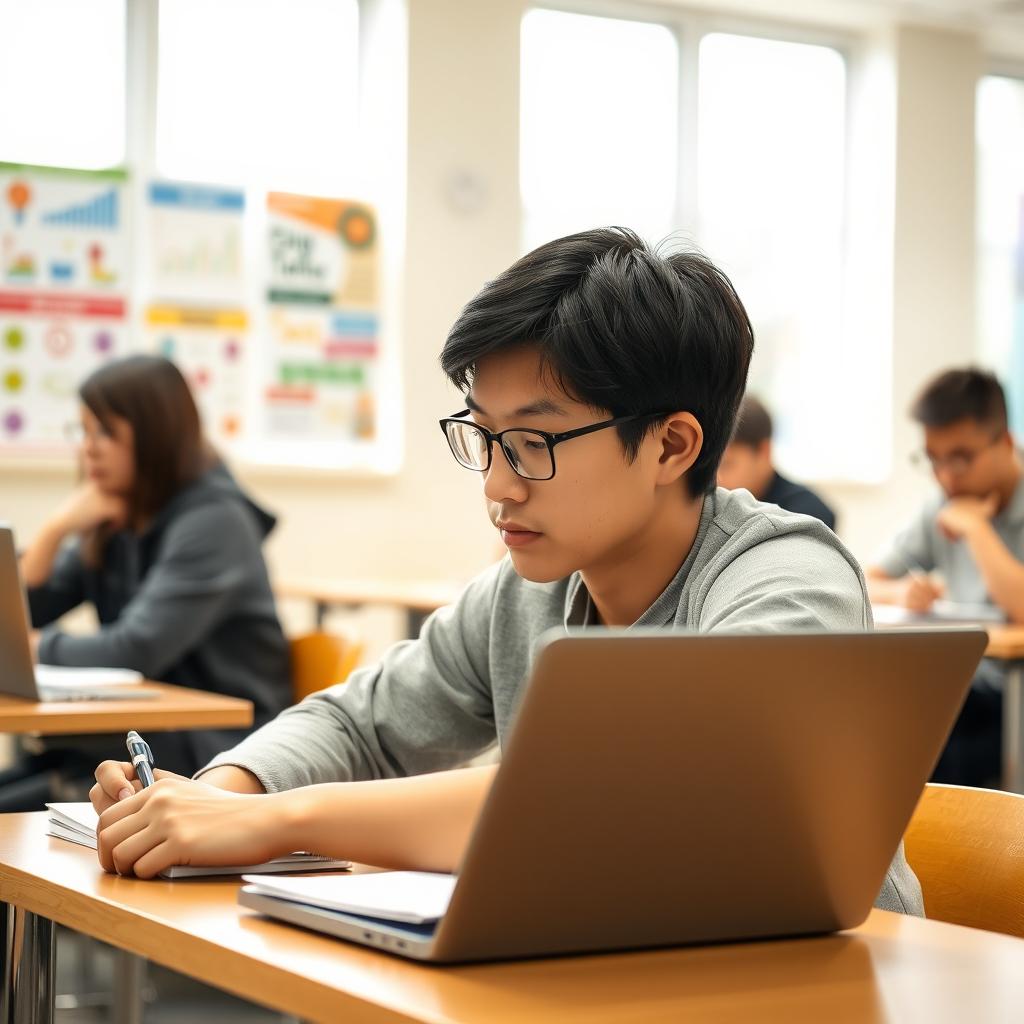 A focused student sitting at a desk in a well-lit classroom, studying intently on a sleek laptop