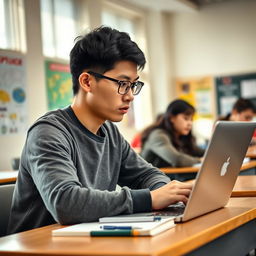 A focused student sitting at a desk in a well-lit classroom, studying intently on a sleek laptop