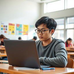 A focused student sitting at a desk in a well-lit classroom, studying intently on a sleek laptop