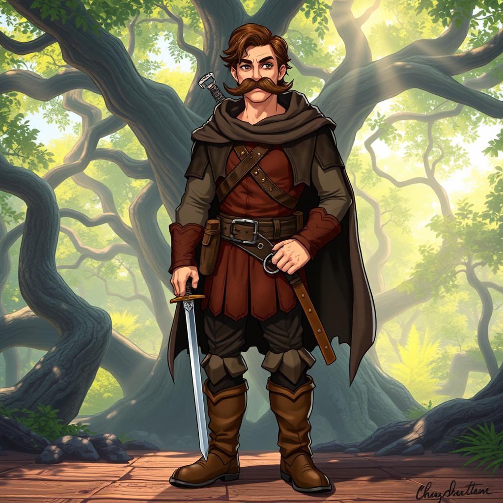 A medieval adventurer character featuring a distinctive mustache reminiscent of a historical style