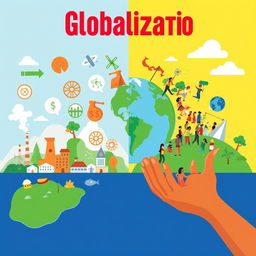 A vibrant illustrative poster depicting the theme of globalization, split into two sections