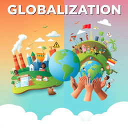 A vibrant illustrative poster depicting the theme of globalization, split into two sections