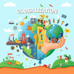 A vibrant illustrative poster depicting the theme of globalization, split into two sections