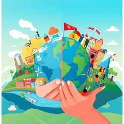 A vibrant illustrative poster depicting the theme of globalization, split into two sections