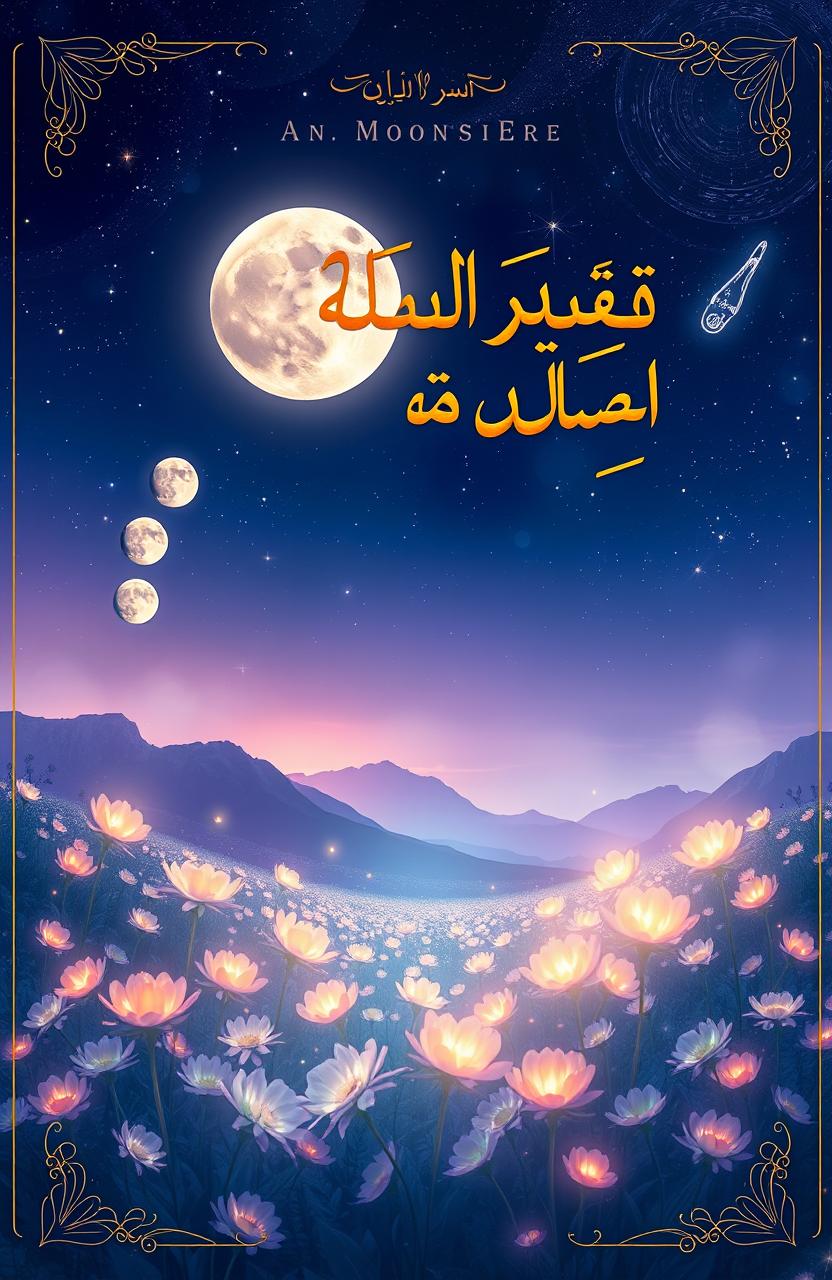 A mystical and enchanting cover design for a novel titled 'أطوار القمر وأشياء أخرى' featuring a large, luminous moon in various phases above a serene landscape filled with vibrant, otherworldly flora
