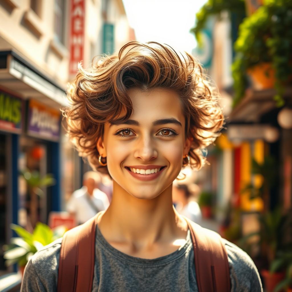 A vibrant portrait of a confident young adult with striking features, captured in a lively urban environment
