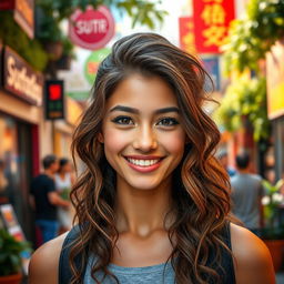 A vibrant portrait of a confident young adult with striking features, captured in a lively urban environment