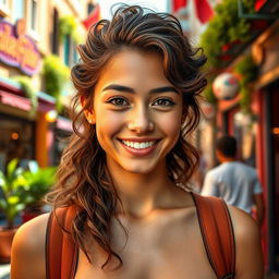 A vibrant portrait of a confident young adult with striking features, captured in a lively urban environment