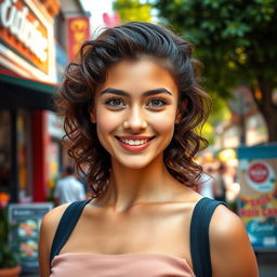 A vibrant portrait of a confident young adult with striking features, captured in a lively urban environment