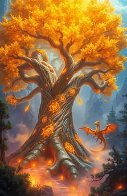 A breathtaking fantasy book cover featuring the colossal Nayru Tree with its golden glowing leaves and intricate golden runes pulsating along its massive trunk and roots