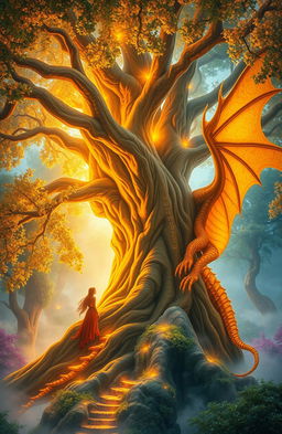 A breathtaking fantasy book cover featuring the colossal Nayru Tree with its golden glowing leaves and intricate golden runes pulsating along its massive trunk and roots