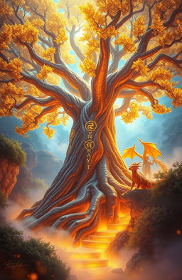 A breathtaking fantasy book cover featuring the colossal Nayru Tree with its golden glowing leaves and intricate golden runes pulsating along its massive trunk and roots