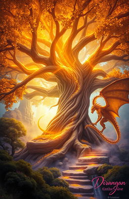 A breathtaking fantasy book cover featuring the colossal Nayru Tree with its golden glowing leaves and intricate golden runes pulsating along its massive trunk and roots