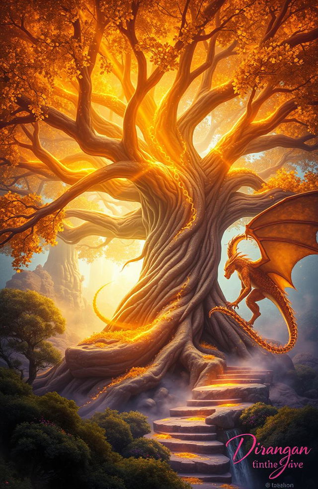 A breathtaking fantasy book cover featuring the colossal Nayru Tree with its golden glowing leaves and intricate golden runes pulsating along its massive trunk and roots